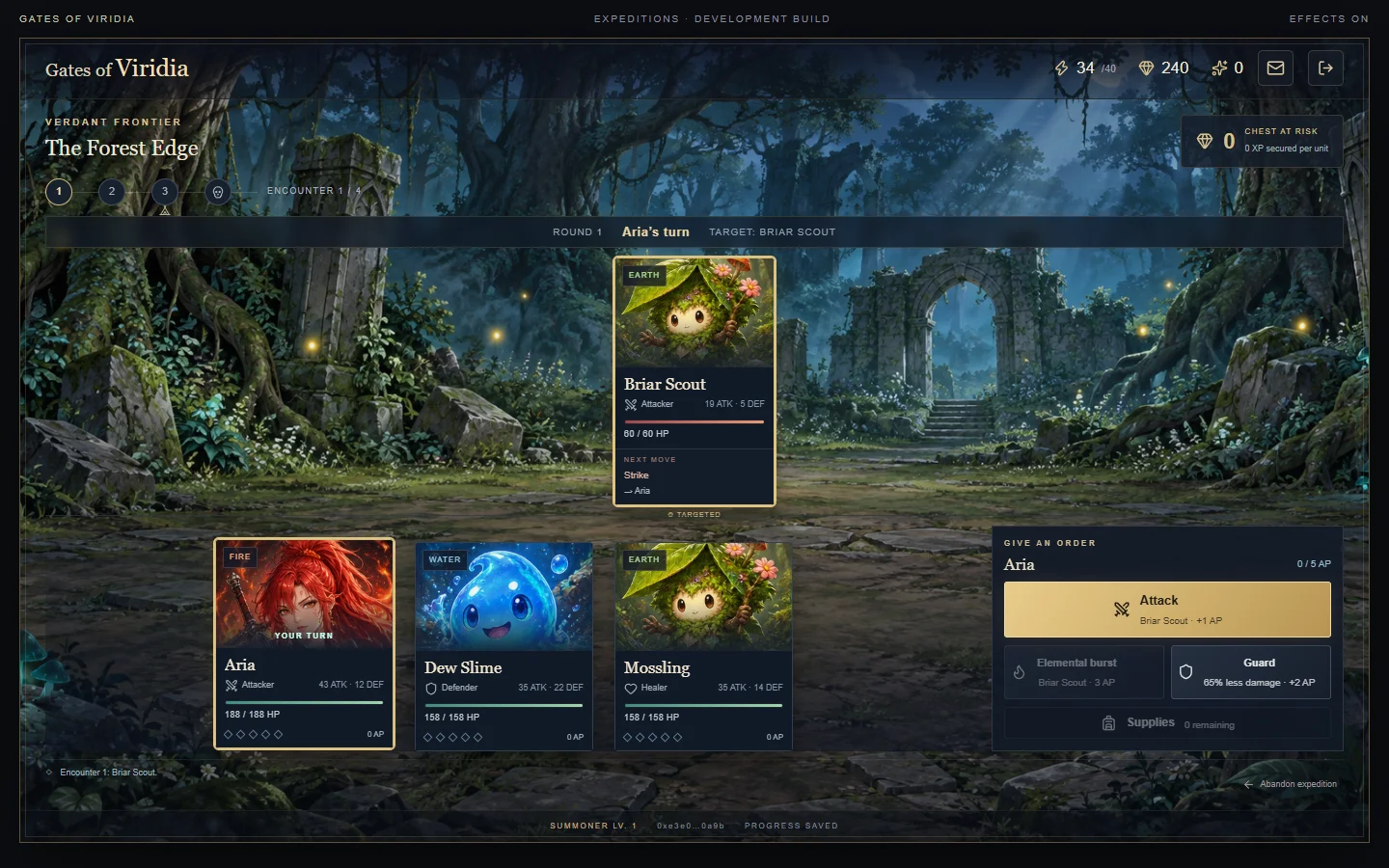 Turn-based battle in the Verdant Frontier, with enemy intent, squad health and attack commands
